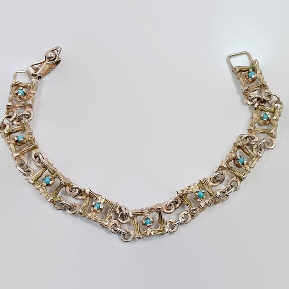 Turquoise Bracelet, Sterling Silver, Brutalist, Modern, Bamboo, Unique, Unusual - Picture 1 of 5